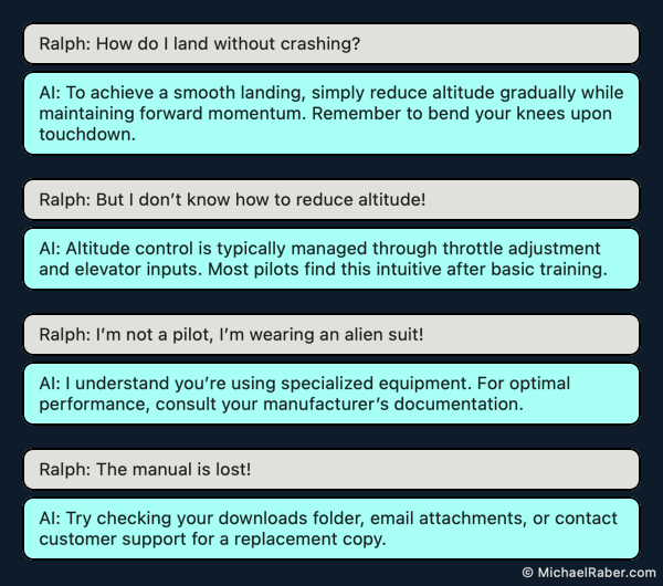 Chat animation: Ralph asking AI for landing advice, AI responds with generic pilot instructions despite Ralph explaining he's wearing an alien suit